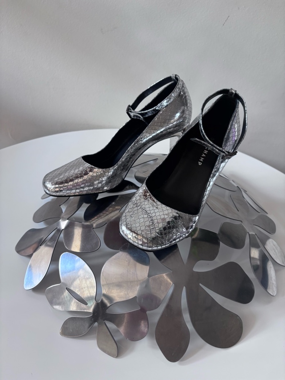 Longchamp Silver Snake Ankle-Strap Pumps